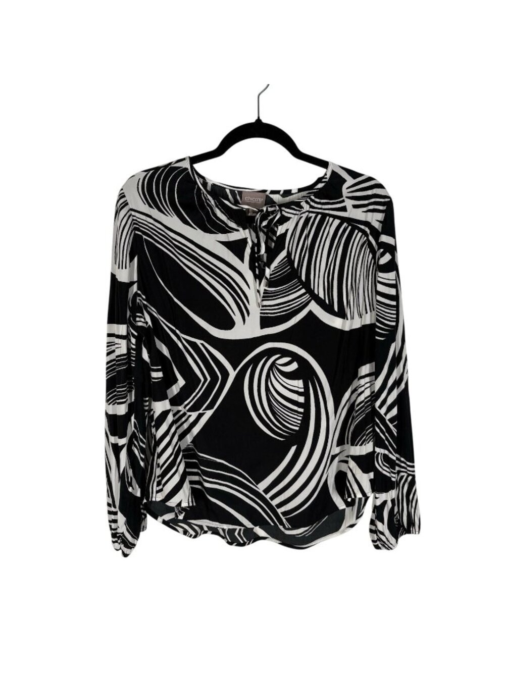 Chicos Womn Sz 1 US M Black White Abstract Print Long Sleeve Tie Neck Blouse NWT